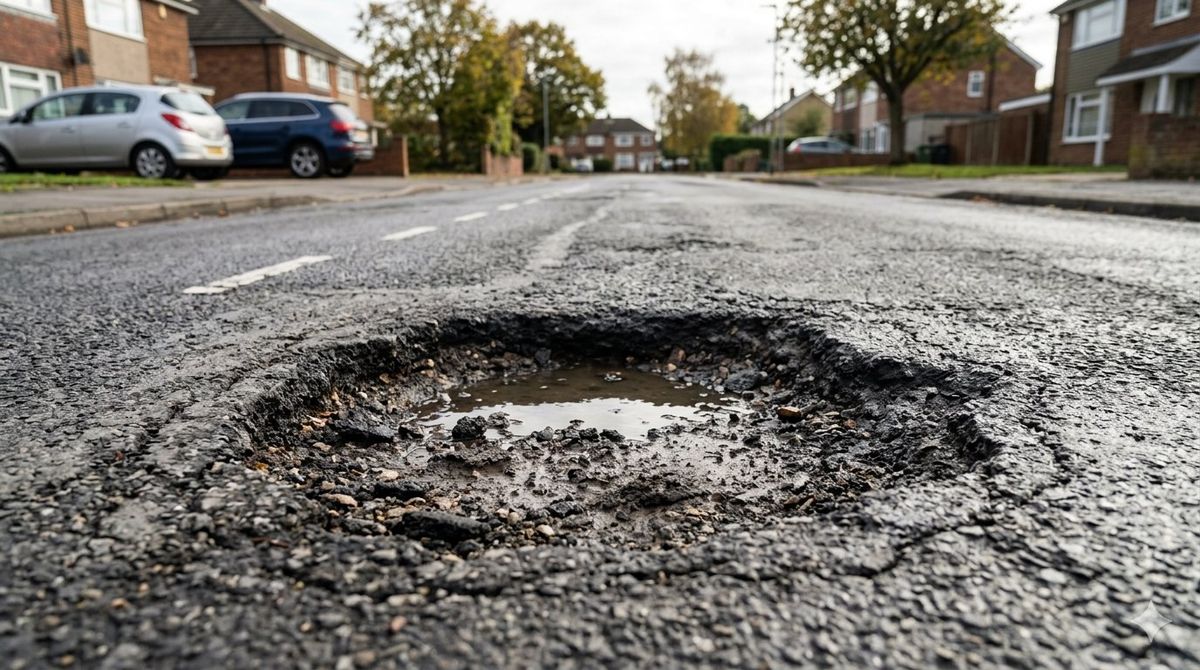 Large pothole in road surface
