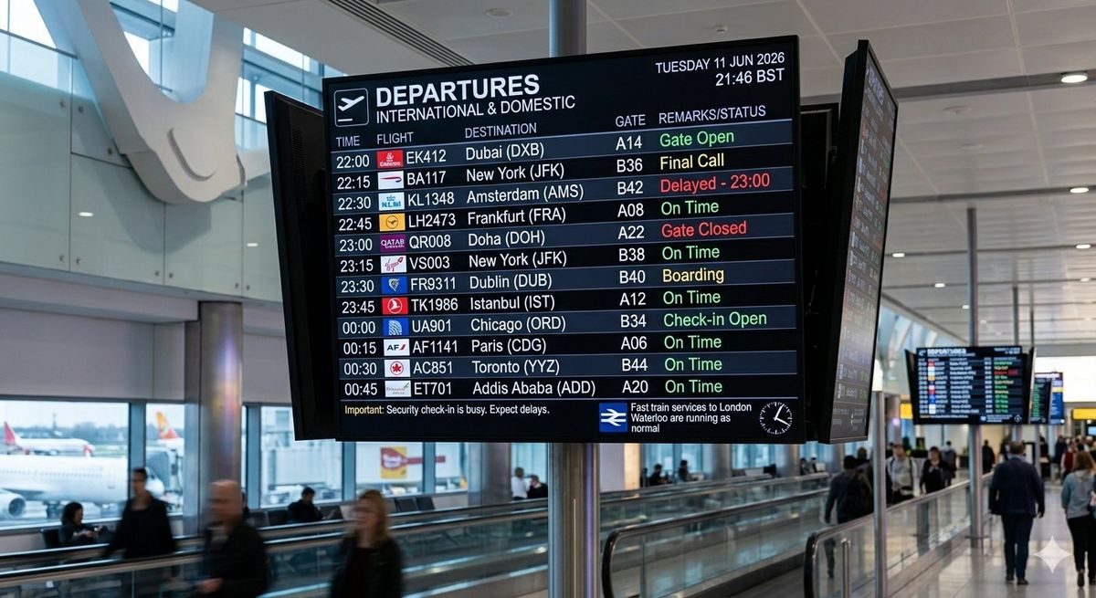 Airport departures screen with flight information